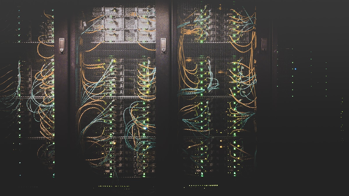 Server racks with colorful network cables in a data center